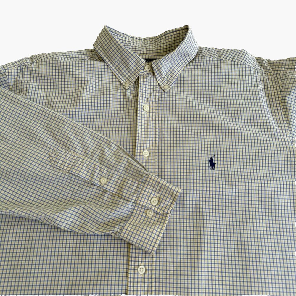Men's Polo Ralph Lauren Sz 16.5 Long Sleeved Blue Yellow Plaid Button Up Shirt